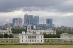 Greenwich Park with museums and view to the Canary Wharf