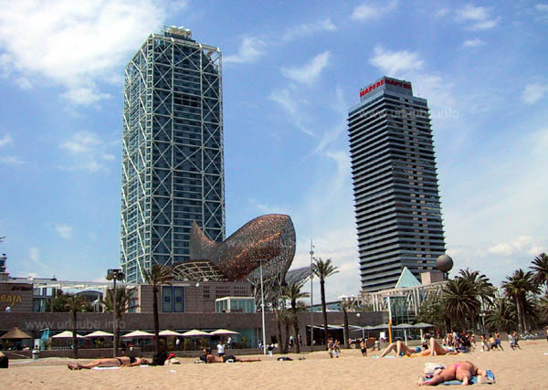 Skyline of Barcelona with the luxury hotel Arts on the left