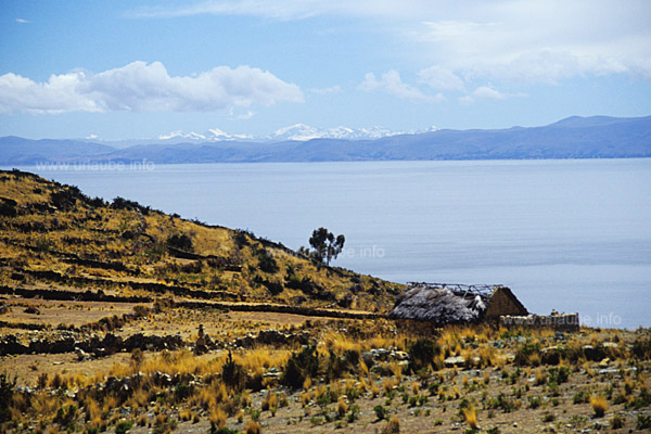 The view over the titicaca lake to the Cordillera Apolobambawith the six thousander Chaupi Orco