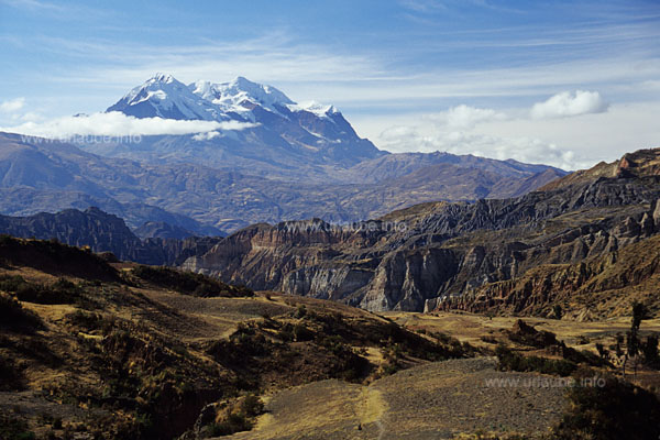 The massive Illimani above the Palca Canyon viewed from the Animaspass