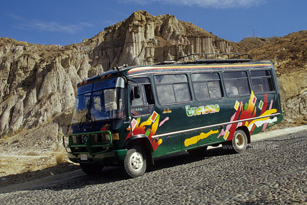 A specially made small bus by Mercedes for the small and bumpy streets of Bolivia