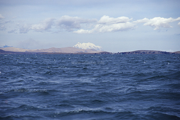 The Titicaca Lake efervesced by the strong wind with the Illimani in the background