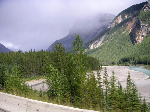 Banks of a meandering river in the foothills of the Rocky Mountains
