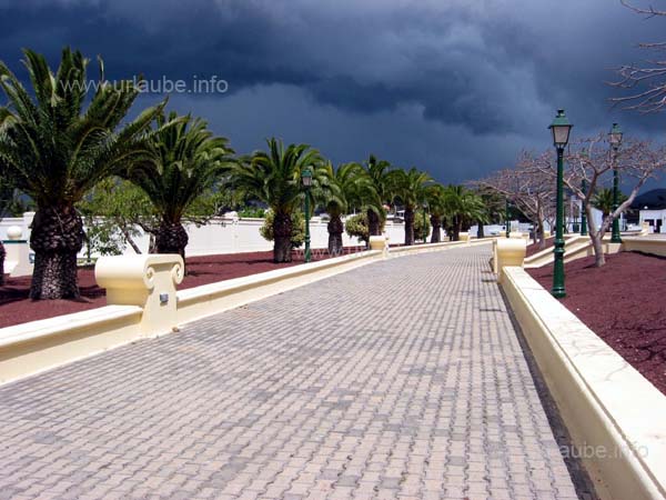 Highly well-kept palms in Yaiza; in mountains behind, it sparkles and thunders.
