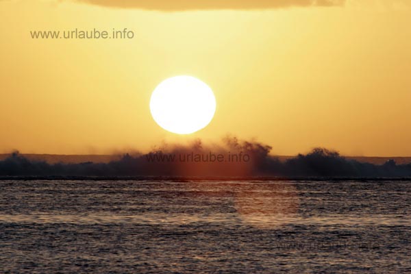 In the crepuscular light of the sunset there are metres hich waves at the reef edge gaze at.