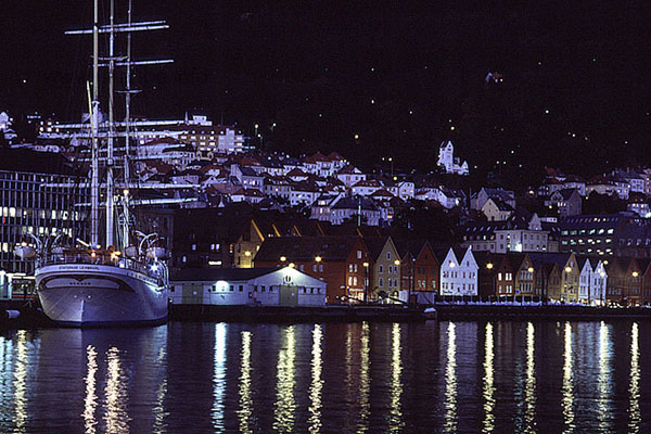 The former trade ship Statsraad Lehmkuhl, one of the biggest important three-master on earth, in front of the Hanseatic district Bryggen (taken at daytime)