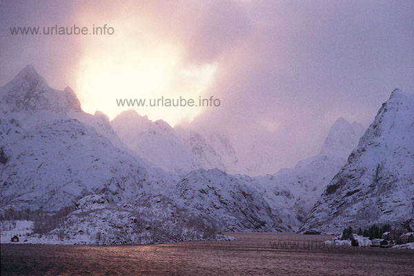 March evening in the Raftsund. The Hurtigrute passes the entrence into the Troll fjord.