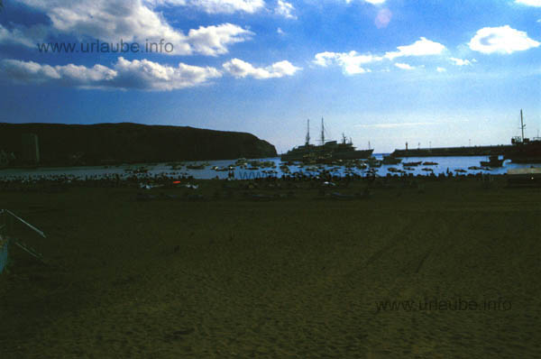 The beach of Los Cristianos with the fisher and ferry harbour