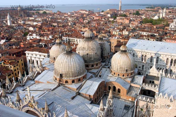 View to the cupolas of the basilica and the oldtown of Venice from the Campanile Tower