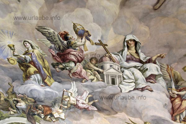 The frescos of the cuppola and the paintings were laboriously restored