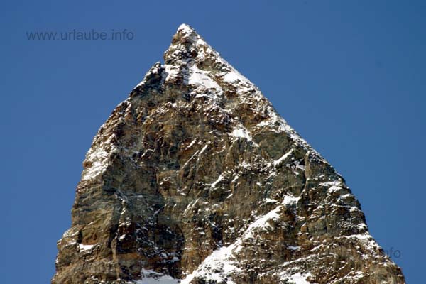 The top of the peak of the Matterhorn in the winter, pictured from the station Trockener Steg