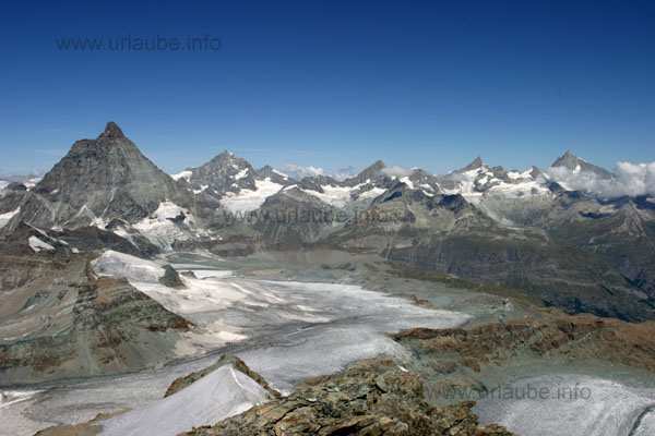 Panorama view from the left to the right: Matterhorn, Dent Blanche, Ober Gabelhorn, Zinalrothorn, Weisshorn