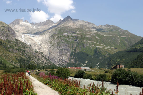 The Rhone Glacier (left) and the Furka-road up to the glacier and to the pass, pictured from the glacier