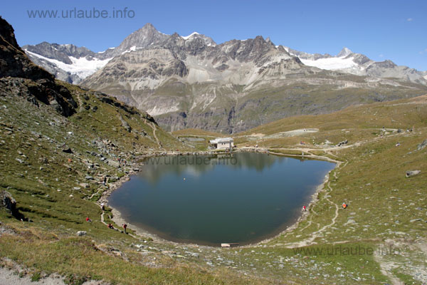 'The Schwarzsee with the Ober Gabelhorn (4063 m), Wellenkuppe and Zinalrothorn (4221 m) in the background